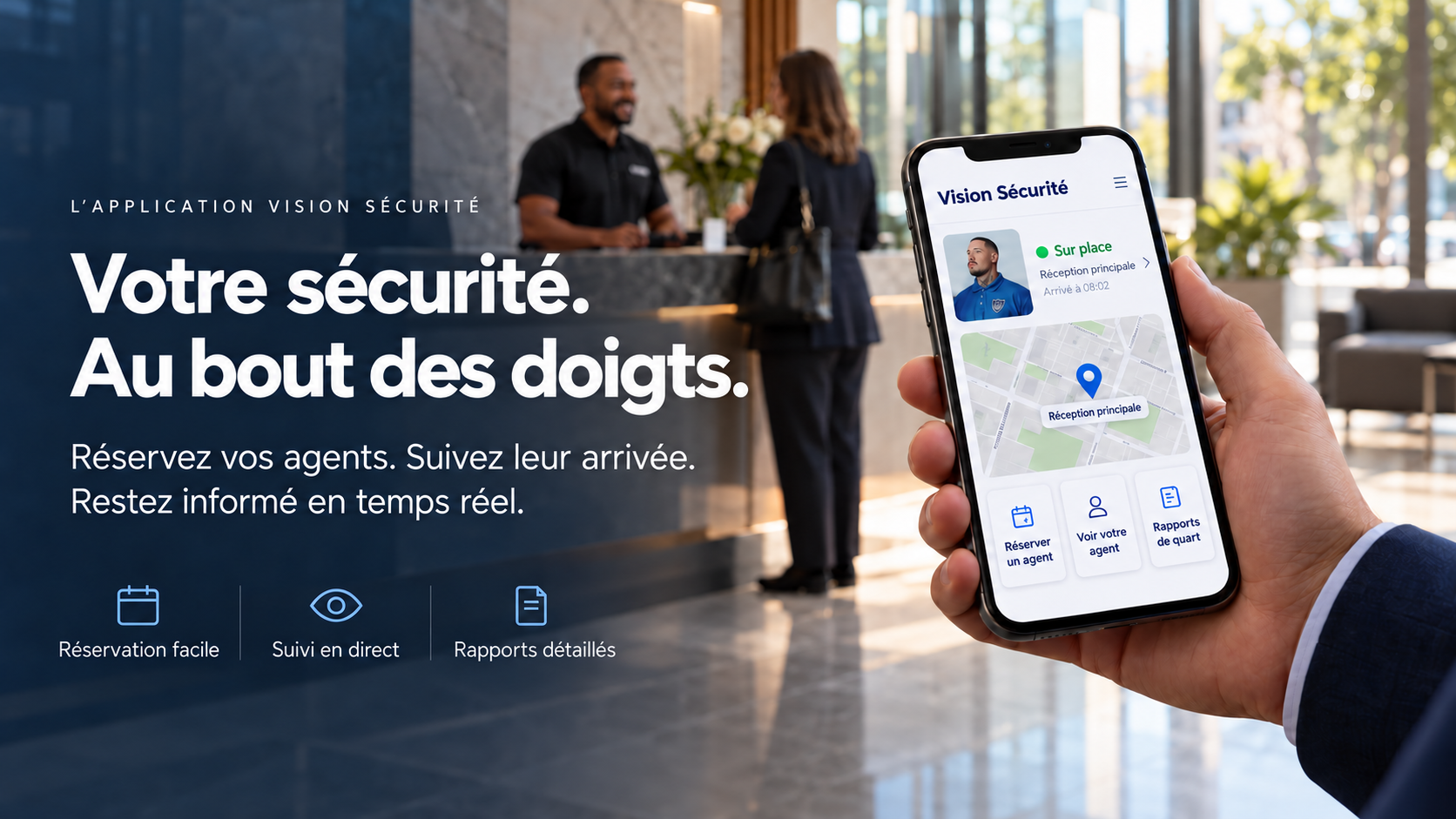 Application Vision Sécurité affichée sur un téléphone, avec le profil d’un agent, une carte de localisation et les outils clients.